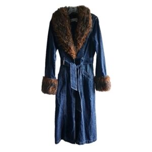 Vintage 90s Y2K Guess USA Denim Penny Lane Coat M Faux Fur Trim